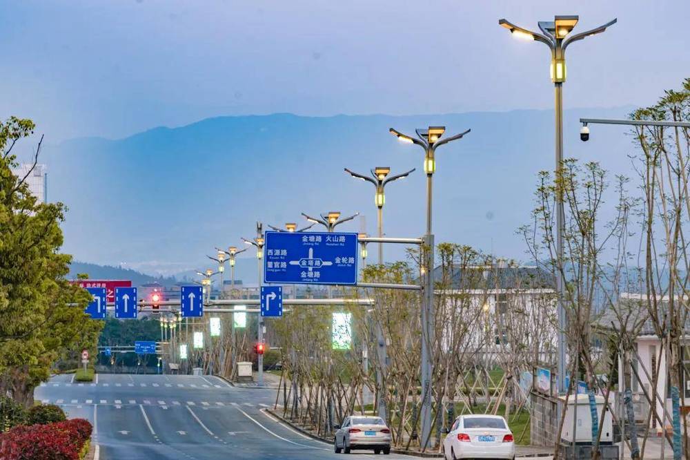 I lampioni stradali in evidenza lucidano il colore di sfondo della città, lampade da paesaggio a LED