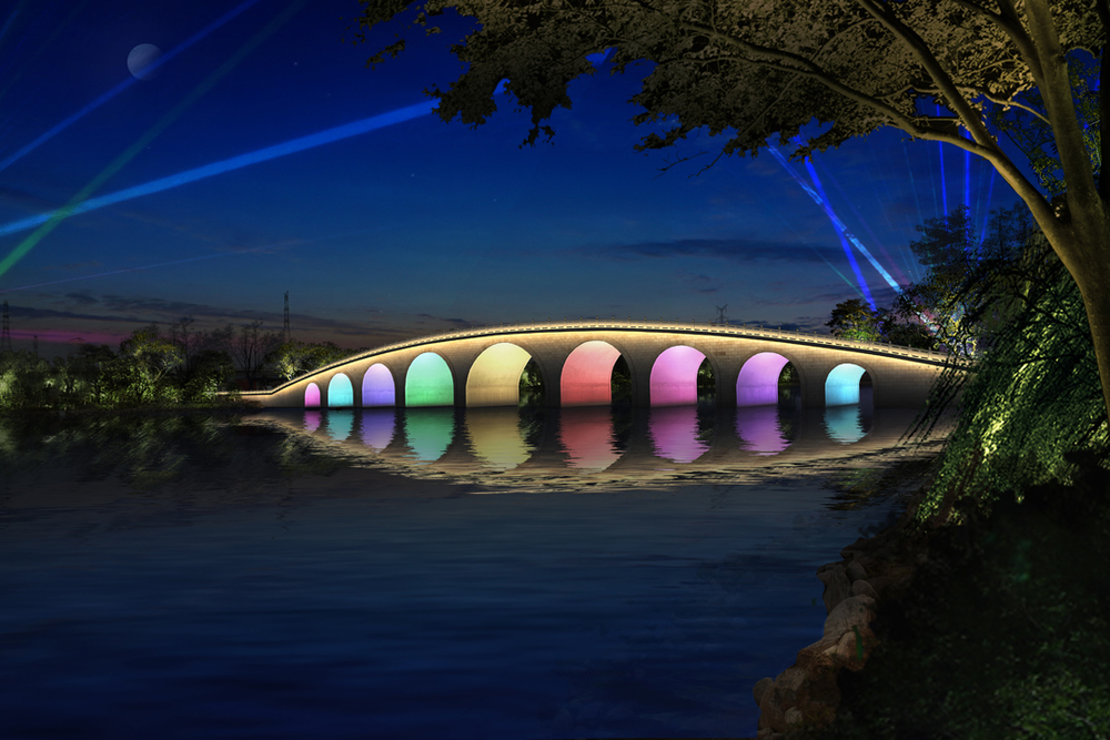 Parko ir tilto apšvietimo projekto naktinis apšvietimas